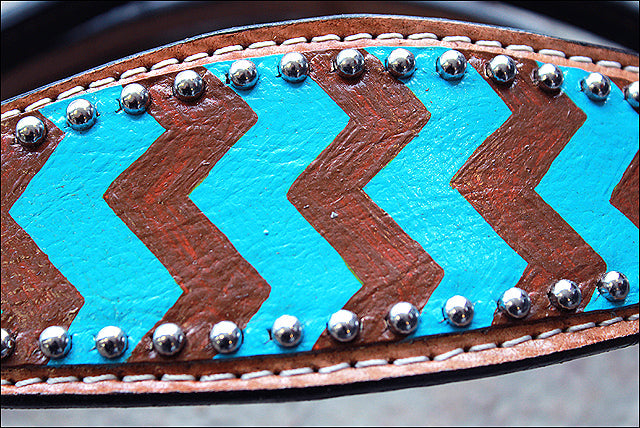 HILASON Western Horse Genuine Leather Headstall &amp; Breast Collar Set Turquoise &amp; Brown Zigzag