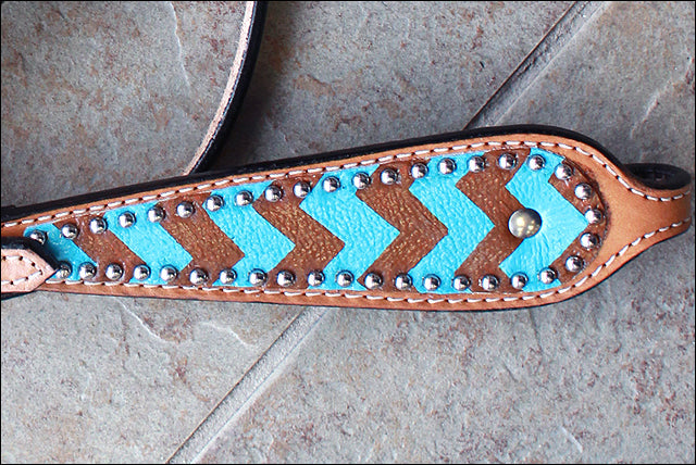 HILASON Western Horse Genuine Leather Headstall &amp; Breast Collar Set Turquoise &amp; Brown Zigzag