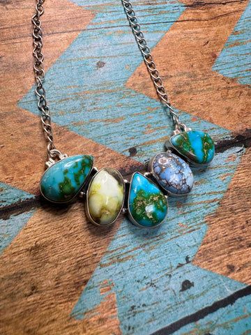 Handmade Sterling Silver, Sonoran Mountain Turquoise, Golden Hills Turquoise & Palomino Turquoise 5 Stone Necklace