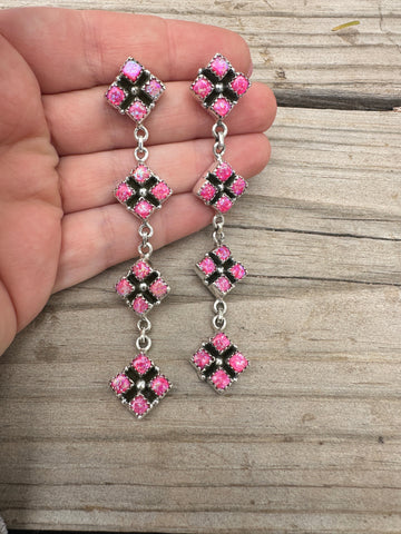 Handmade Hot Pink Fire Opal and Sterling Silver Dangle Earrings