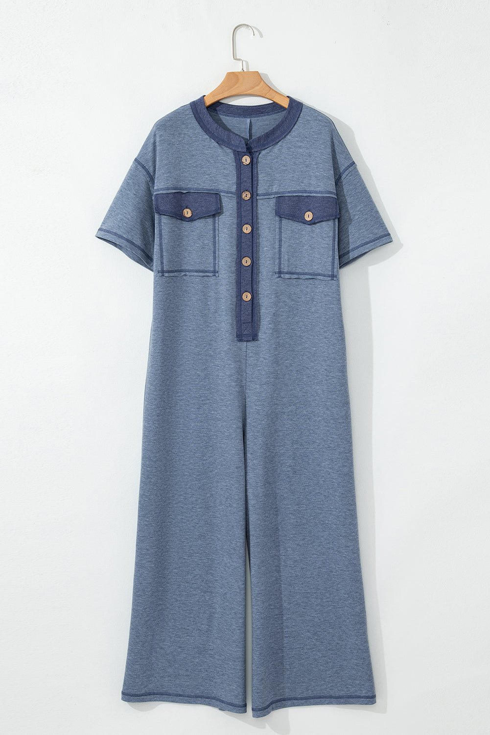 Emmie Half Placket Chest Pockets Wide Leg Jumpsuit