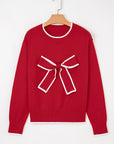 Bow Contrast Trim Long Sleeve Cropped Christmas Sweater