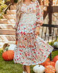 Floral V-Neck Ruffle Long Sleeve Midi Dress