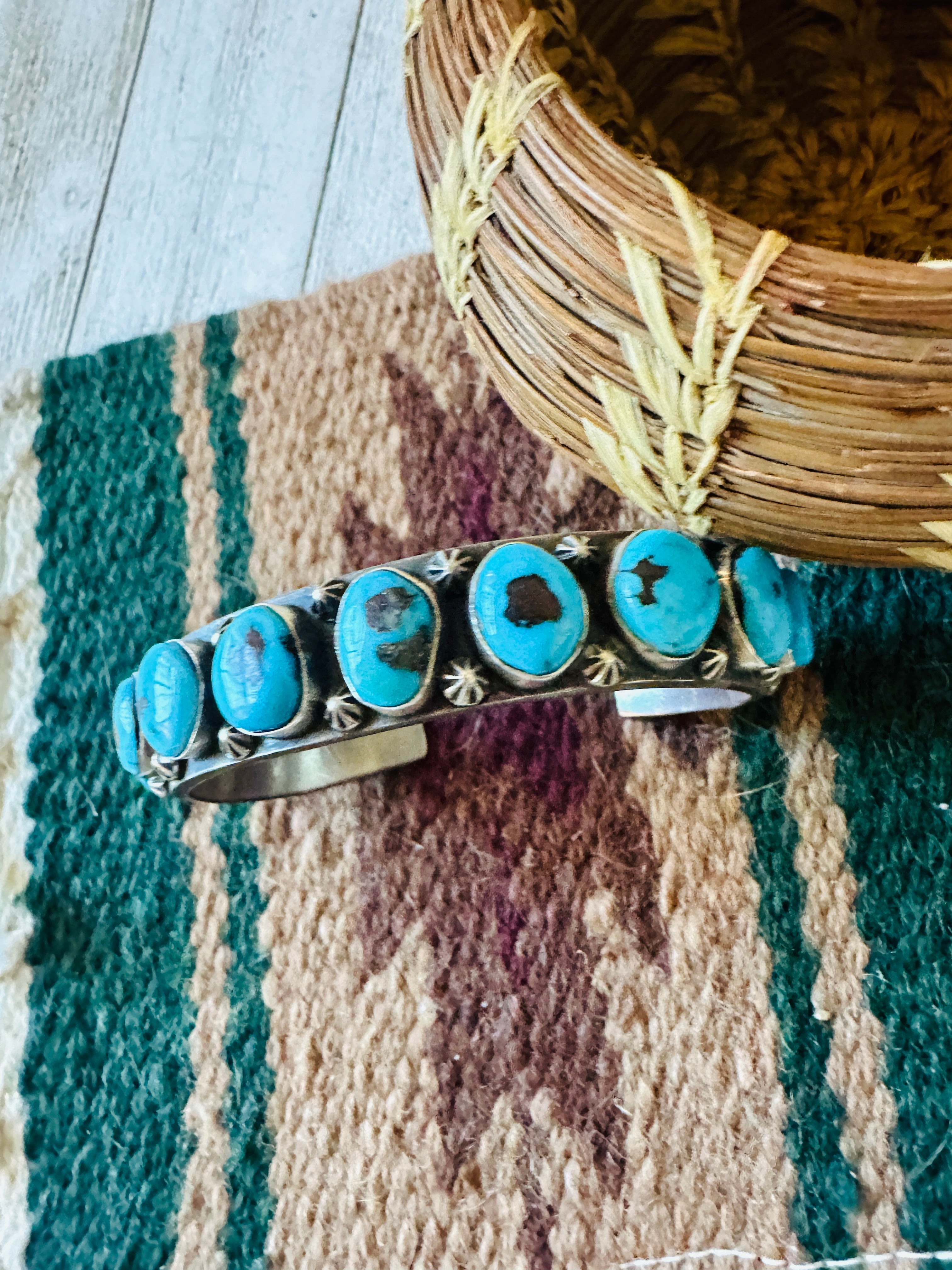 Old Pawn Navajo Sterling Silver & Sleeping Beauty Turquoise Cuff Bracelet