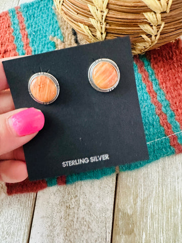 Navajo Sterling Silver & Orange Spiny Stud Earrings