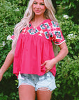 Zayla Embroidered Tassel Tie V Neck Blouse