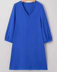 Solid Frilled V-Neck 3/4 Sleeve Mini Dress