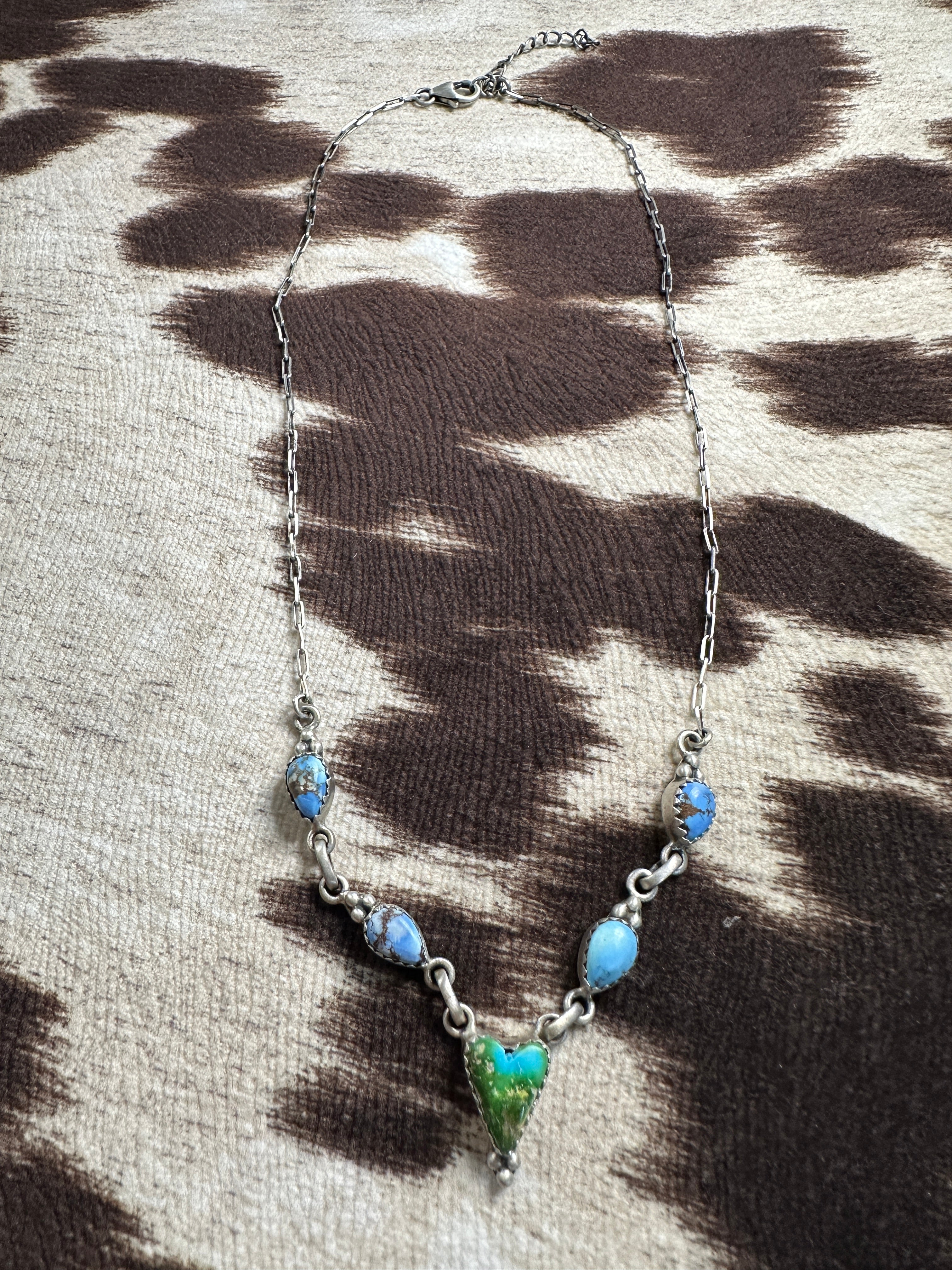 Handmade Sterling Silver, Golden Hills Turquoise & Sonoran Mountain Turquoise Heart Necklace