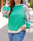Sky Blue Plus Size Plaid Floral Patchwork Raglan Sleeve Sweatshirt