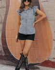 Bridget Frayed Ruffle Sleeve Denim Shirt