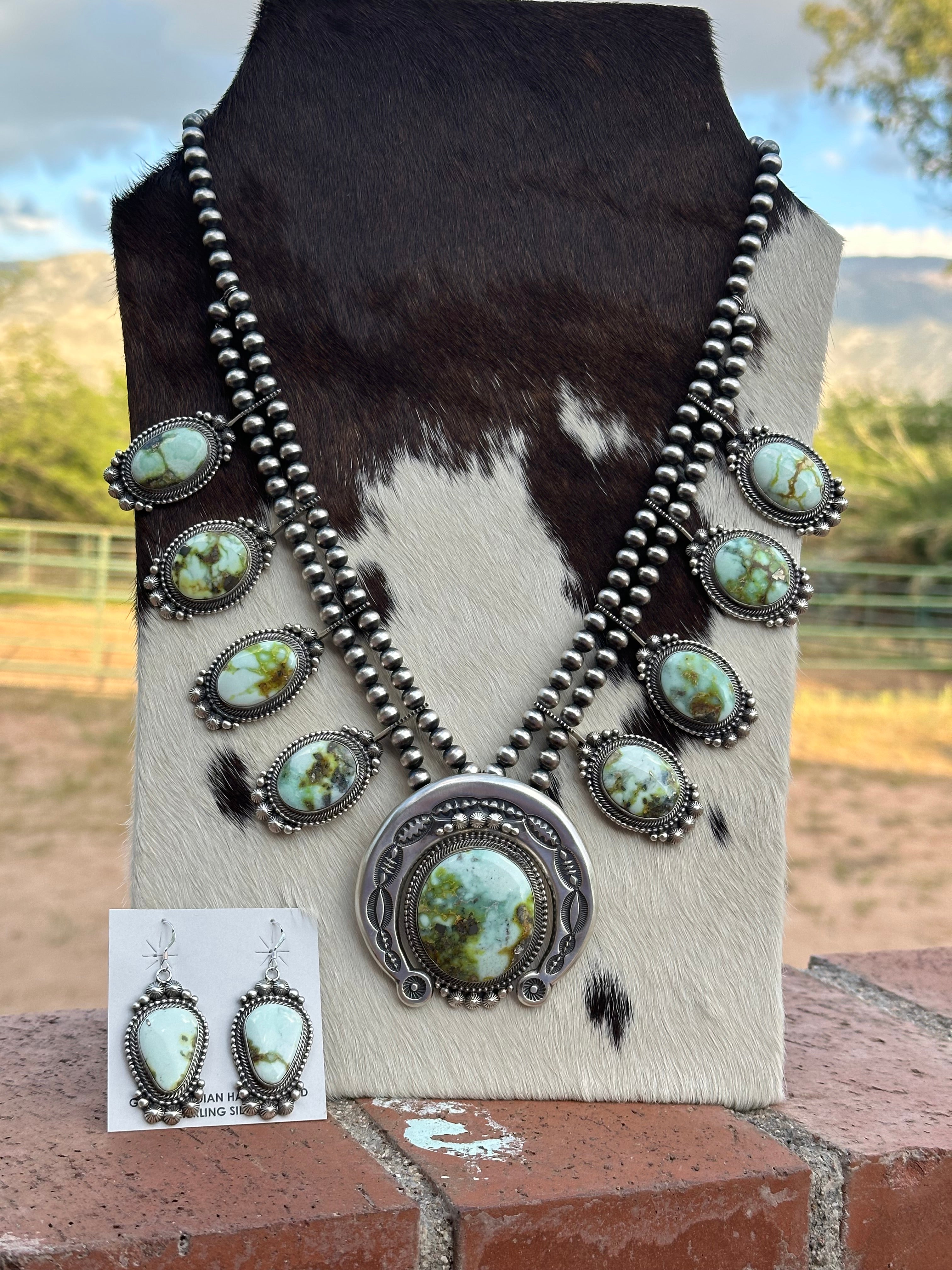 Navajo Sterling Silver Palomino Turquoise Squash Blossom Jewelry Set