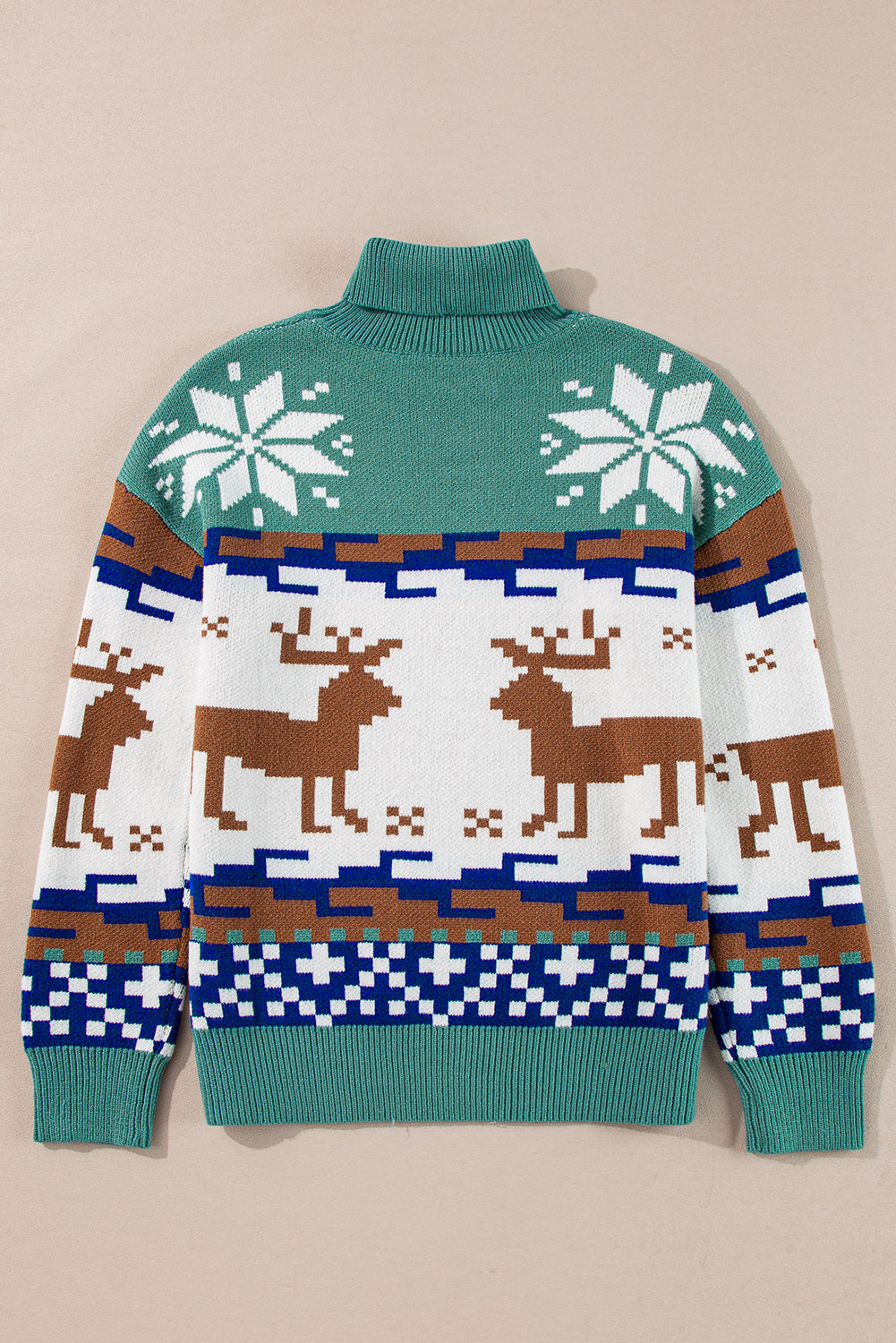 Christmas Reindeer Snowflake Colorblock Turtleneck Sweater