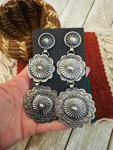 Navajo Hand Stamped Sterling Silver Concho Dangle Earrings by Hemerson Brown