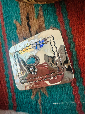 Navajo Turquoise & Hand Stamped Sterling Silver Belt Buckle