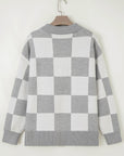 Plus Size Checker Buttoned Polo Collar Sweater