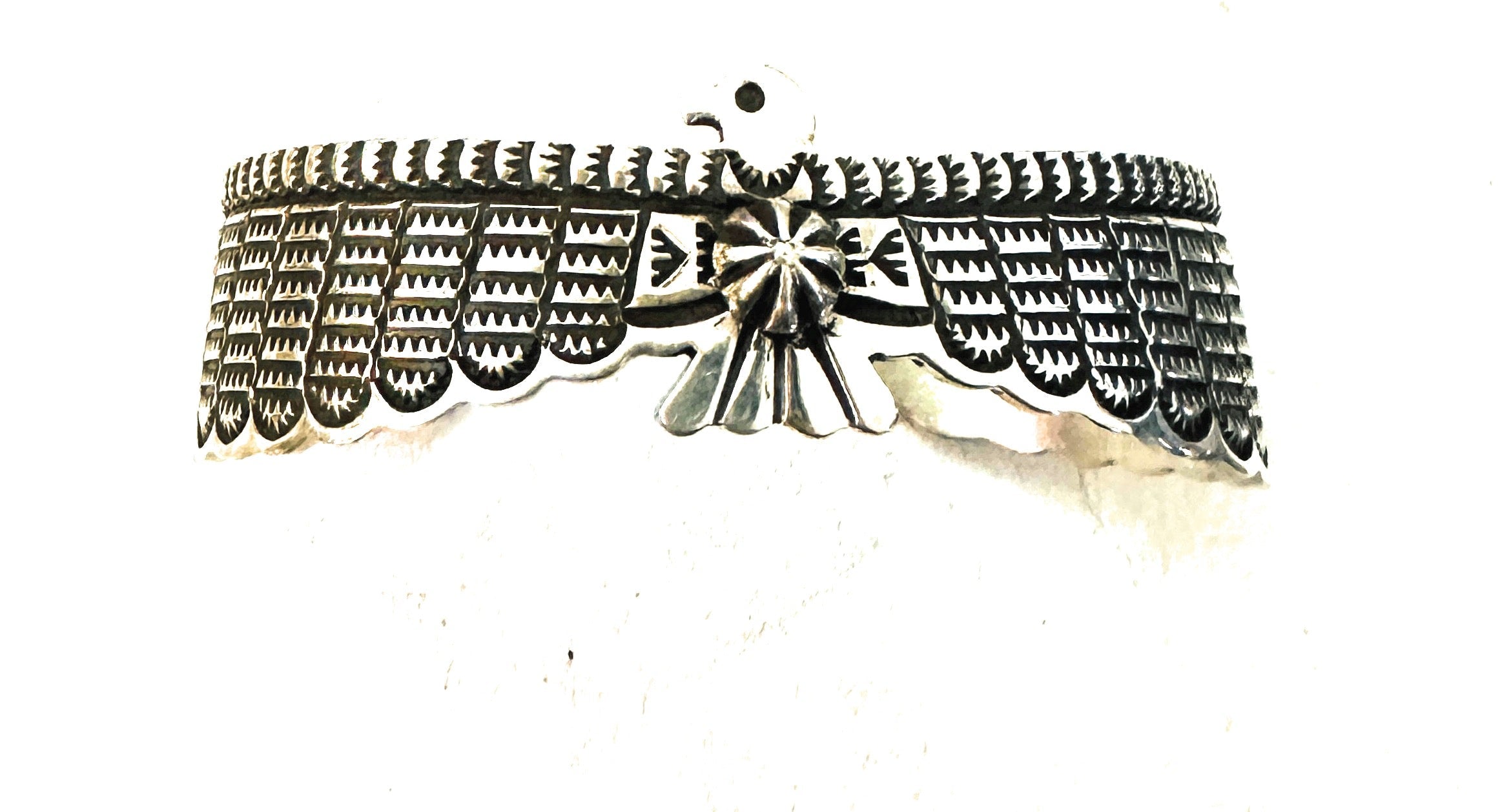 Navajo Hand Stamped Sterling Silver Thunderbird Cuff Bracelet by Darell Carmen