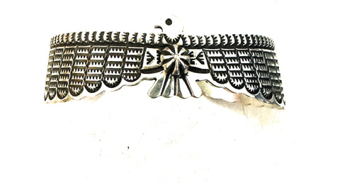 Navajo Hand Stamped Sterling Silver Thunderbird Cuff Bracelet by Darell Carmen