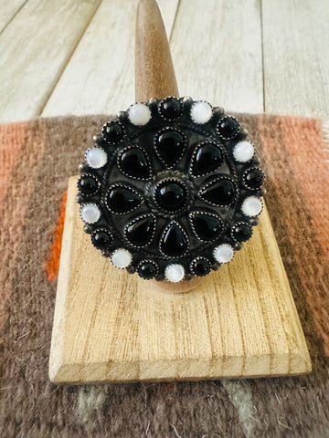 Navajo Sterling Silver, Onyx & Mother of Pearl Cluster Adjustable Ring