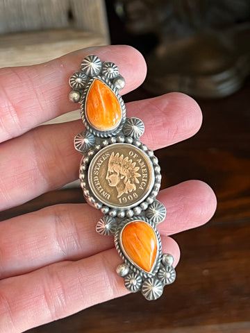 Apache Sterling Silver, Spiny Oyster and Indian Head Penny Rings by Rosella Paxson