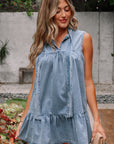 Chambray Bow Neck Sleeveless Ruffle Dress