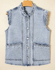 Denim Button-Front Scallop Trim Patch Pocket Vest