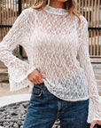 Sheer Lace Bell Sleeve Mock Neck Blouse