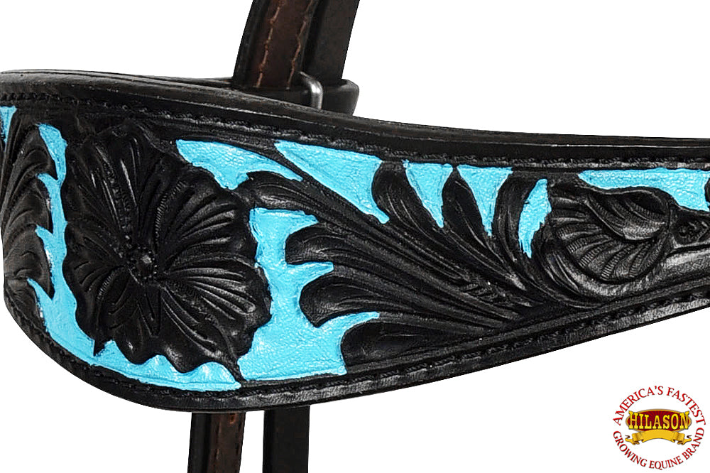 Western Horse Headstall &amp; Breast Collar Tack American Leather Black Turquoise Hilason