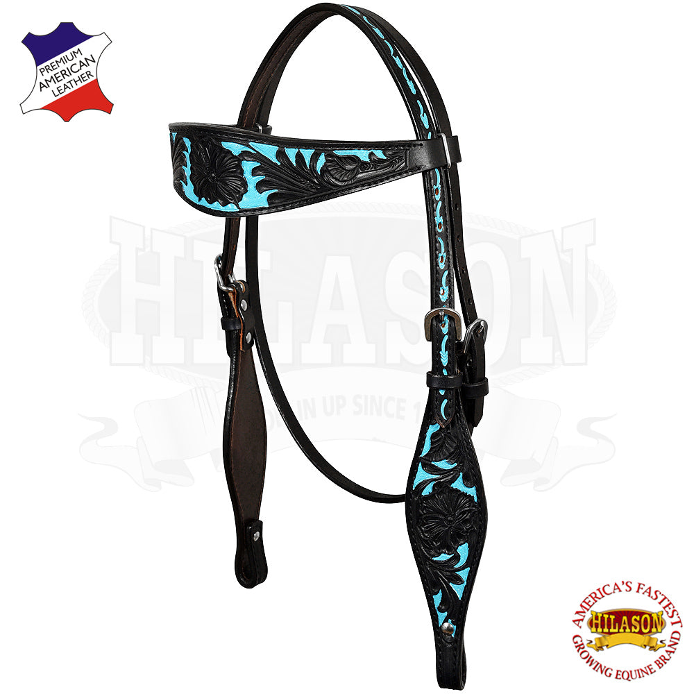 Western Horse Headstall &amp; Breast Collar Tack American Leather Black Turquoise Hilason