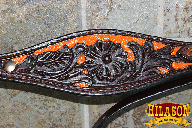 Hilason Western Horse Headstall &amp; Breast Collar American Leather Orange Hand Paint