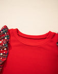 Plaid Patchwork Pearl Ruffle Sleeve T-Shirt