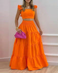 Solid Color Strappy Top Flared Skirt Set