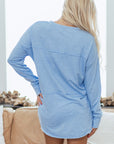 Solid V-Neck Raw Hem Long Sleeve Top