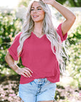 Siena Textured Rolled Sleeve V Neck Tee