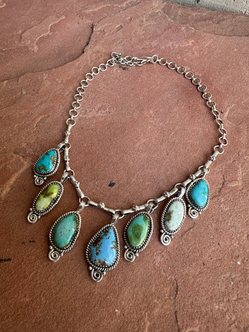 Beautiful Handmade Sterling Silver, Golden Hills Turquoise, Sonoran Turquoise & Palomino Turquoise Charm Necklace