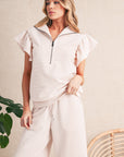 Textured Ruffle Sleeve Zipped Top and Wide Leg Pants Set