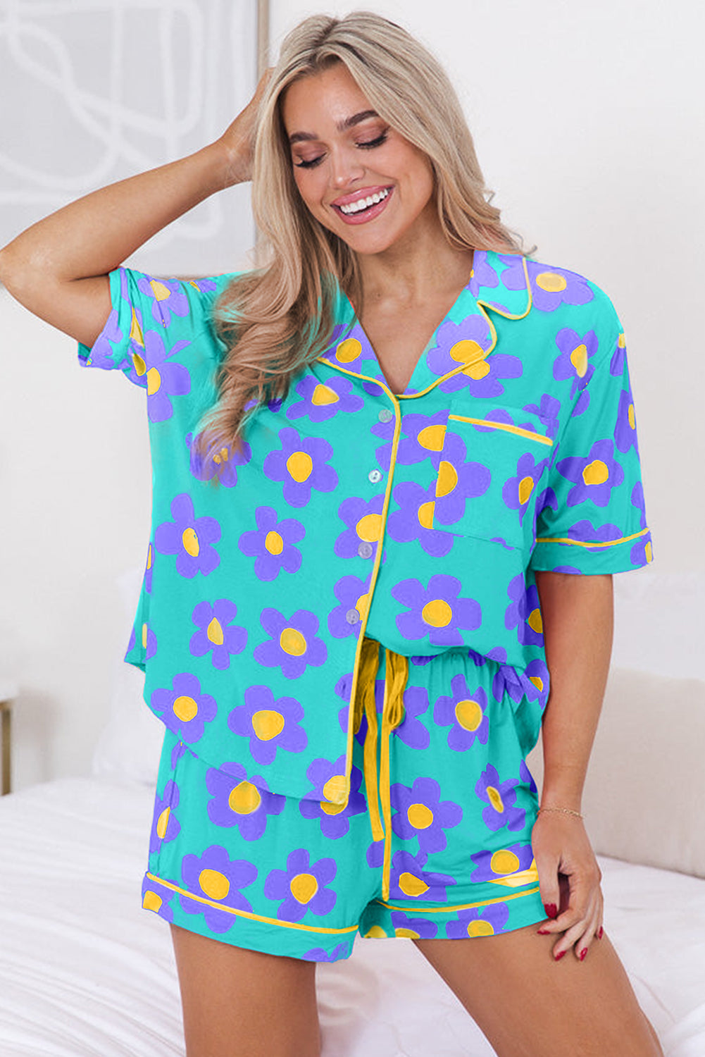 Flower Print Buttoned Shirt And Drawstring Waist Pajama Set