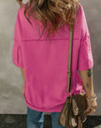 Aliana Exposed Seam Button Neck Wide Sleeve Tunic Top