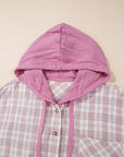 Plus Size Plaid Button-Up Chest Pocket Hooded Shirt