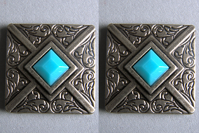 Western Screw Back Concho 1.25 In Antique Silver Turquoise Square Saddle