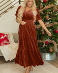 Velvet Shirred Waist Tiered Maxi Dress