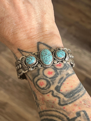 Navajo Sterling Silver and Spiderweb Kingman Turquoise Cuff Bracelet by Gilbert Tom
