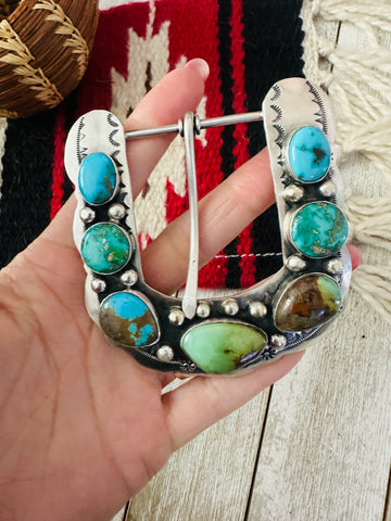 Navajo Turquoise & Sterling Silver Belt Buckle by Russell Sam