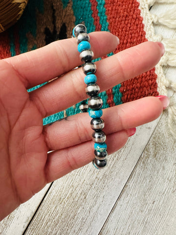 Navajo Turquoise & Sterling Silver Pearl Beaded Stretch Bracelet