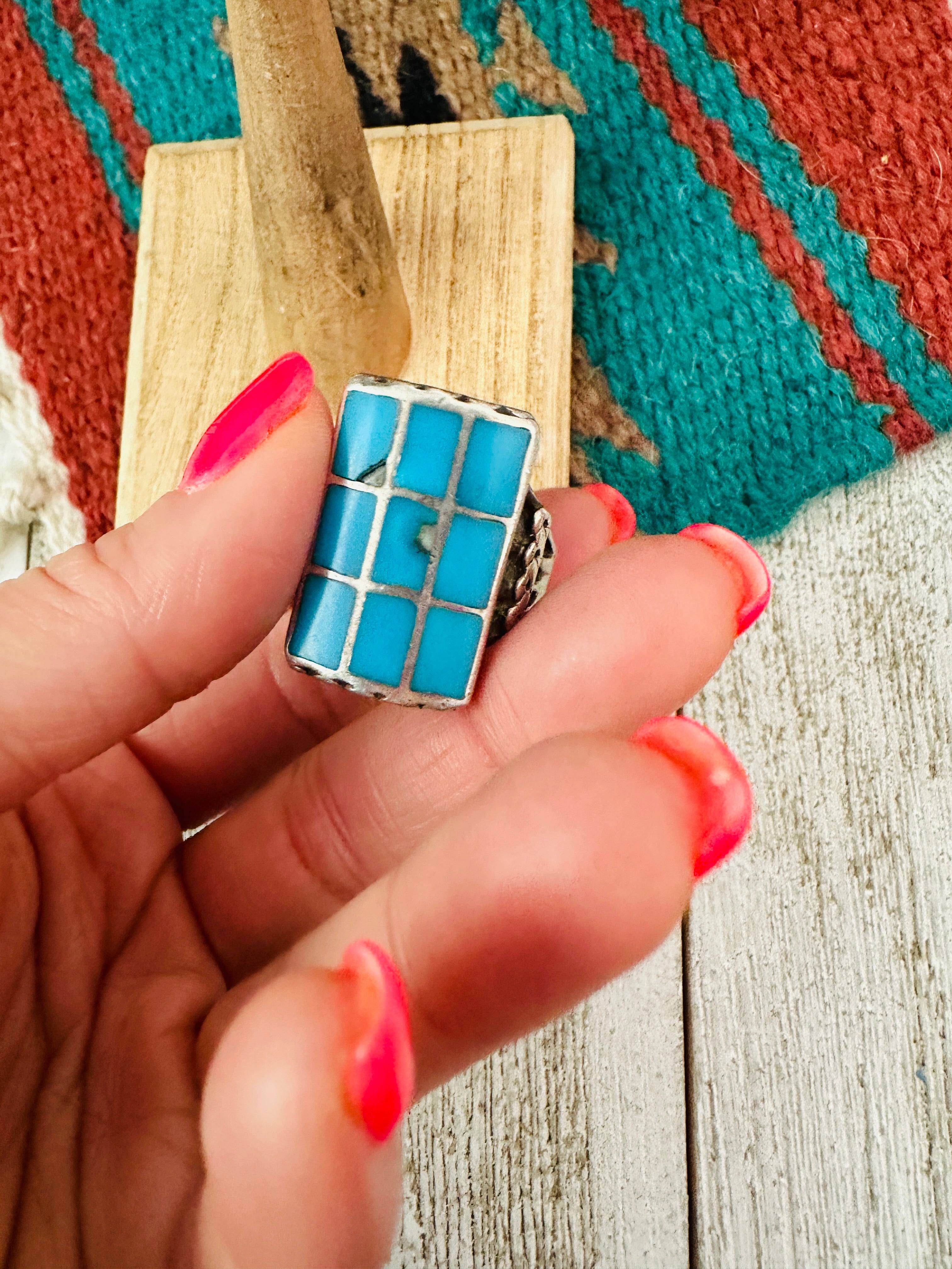 Old Pawn Vintage Navajo Sterling Silver & Turquoise Inlay Ring Size 12.5