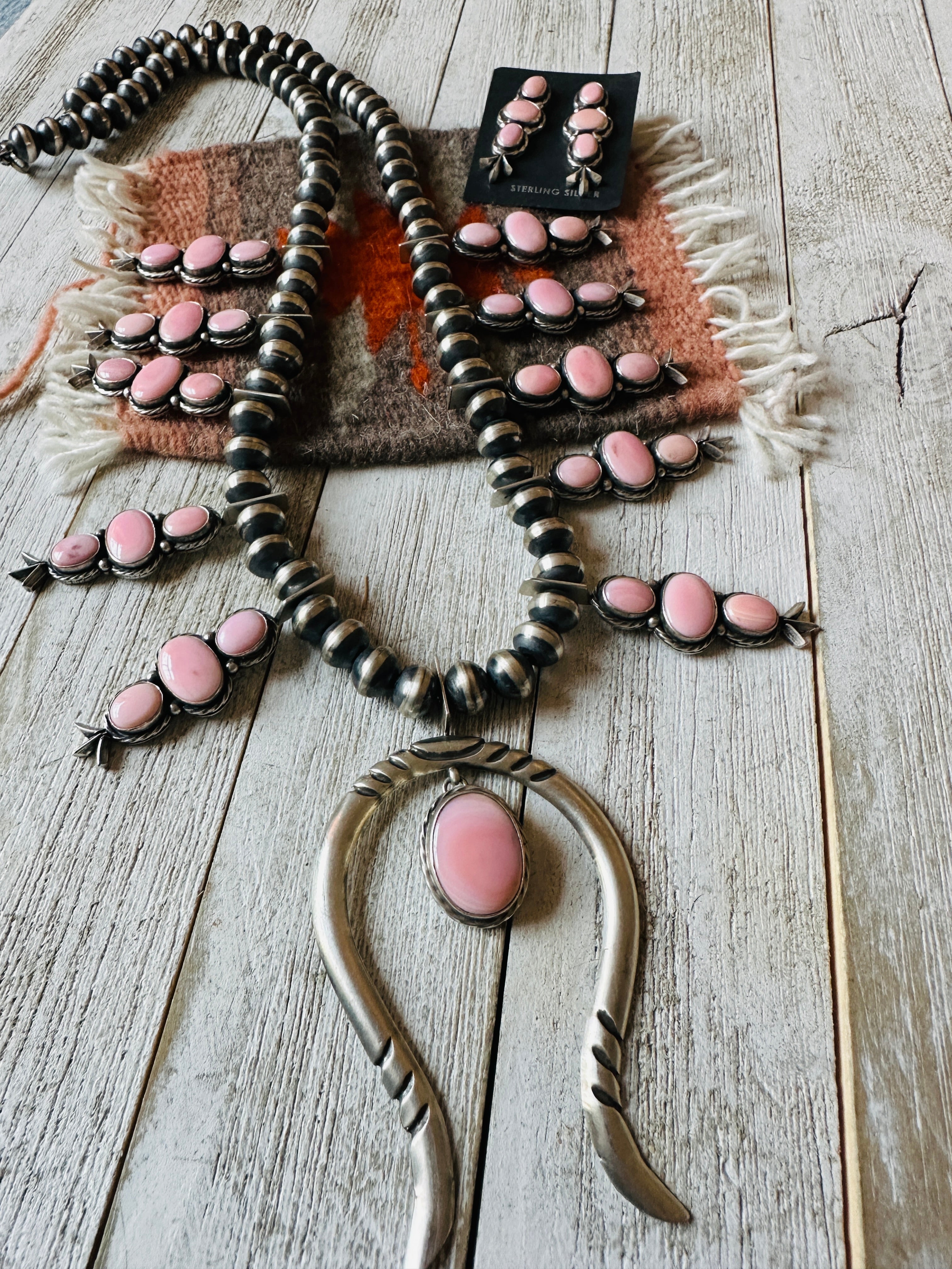 Navajo Sterling Silver & Queen Pink Conch Squash Blossom Necklace Set