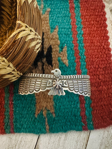 Navajo Hand Stamped Sterling Silver Thunderbird Cuff Bracelet by Darell Carmen