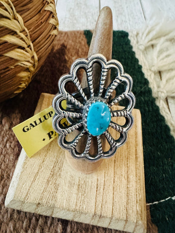 Old Pawn Navajo Sterling Silver & Turquoise Flower Ring Size 7.5