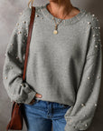 Solid Pearl Drop Shoulder Round Neck Sweater