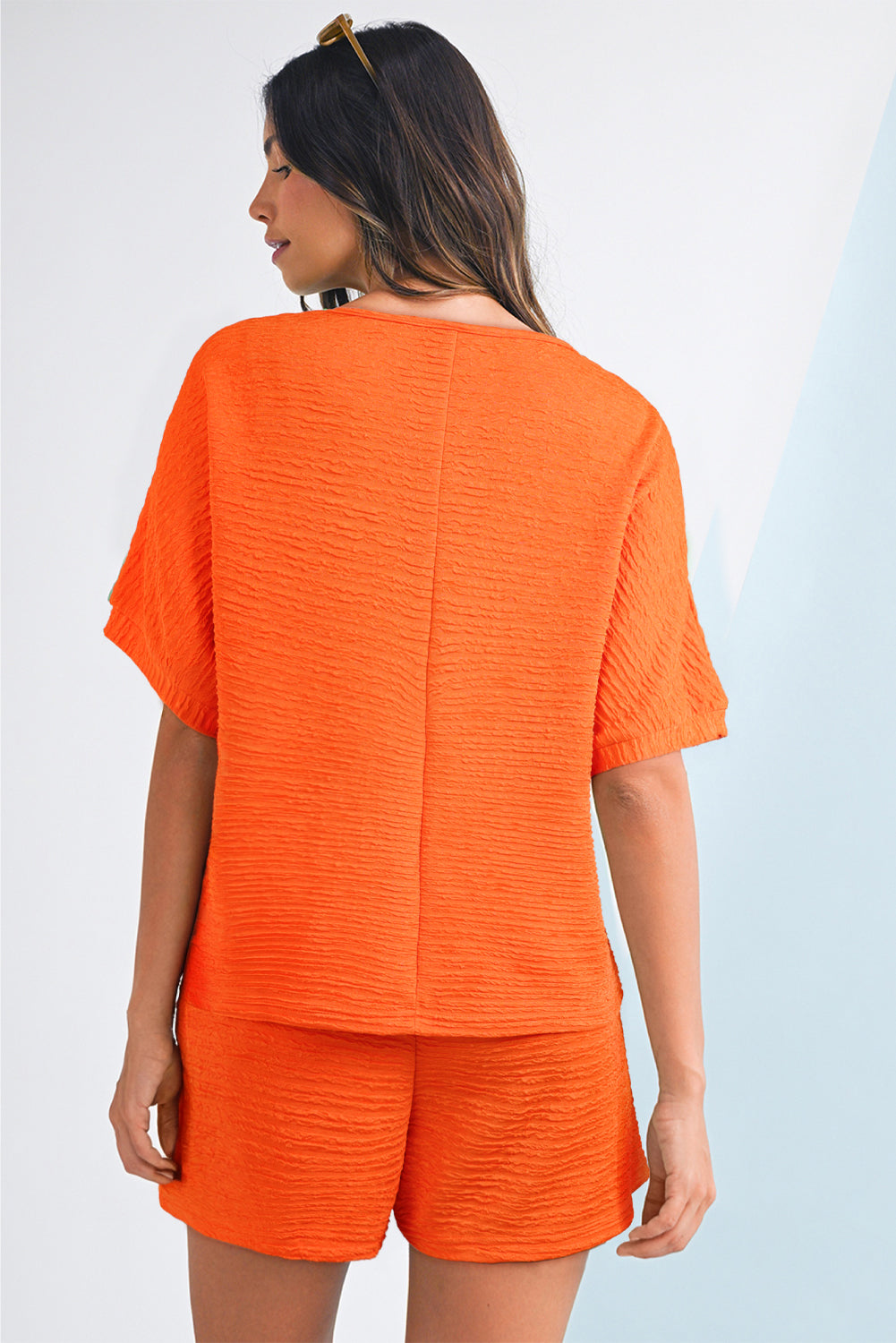 Textured V Neck T Shirt and Shorts Set