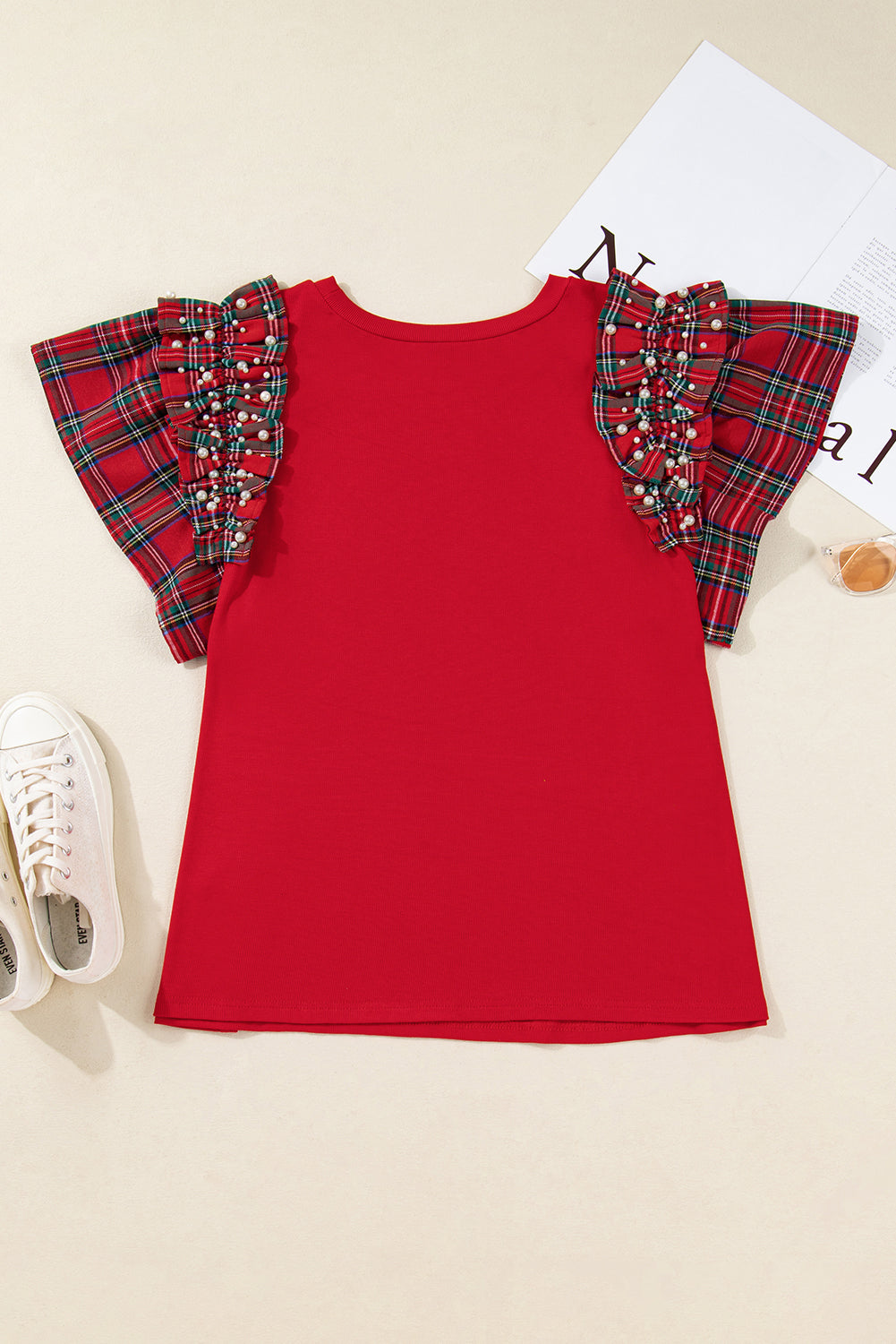 Plus Size Christmas Plaid Pearl Ruffle Sleeve Holiday T-shirt